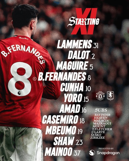 曼联对阵维拉首发阵容公布，双方战术部署引关